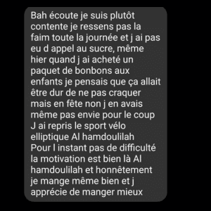 avis ciente qui dit qu'elle ne ressent pas la faim et qu'elle n'a plus envie de sucre